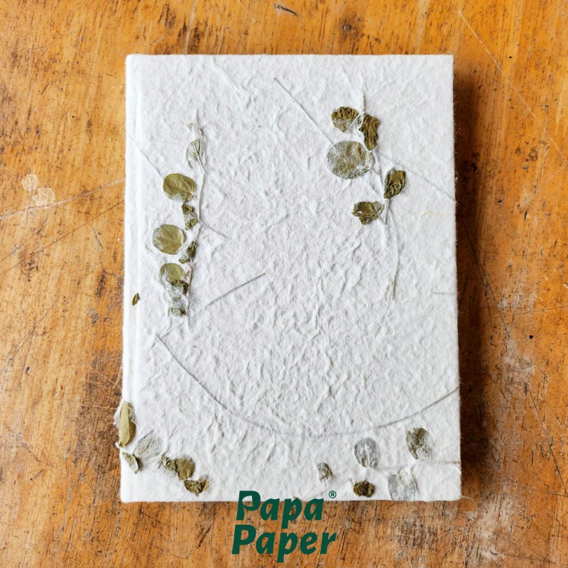 Paper mulberry notebook with green leaves, size A5 21x15cm